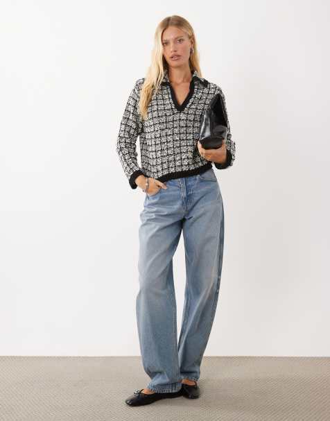 Mango knitted revere collar jumper in black and white - view 1