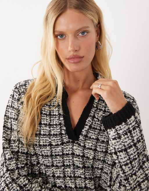 Mango knitted revere collar jumper in black and white, 2 of 4