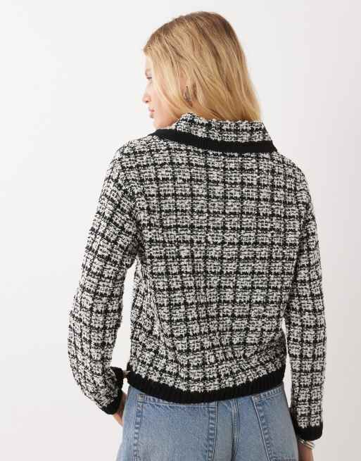 Mango knitted revere collar jumper in black and white, 4 of 4