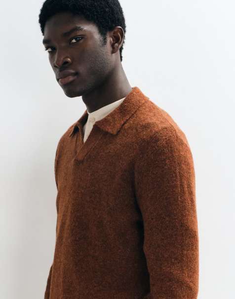Mango knitted revere collar polo jumper in burnt orange - view 1