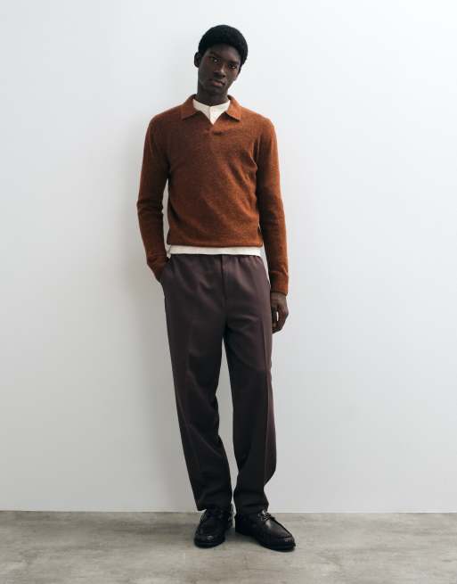 Mango knitted revere collar polo jumper in burnt orange, 3 of 9
