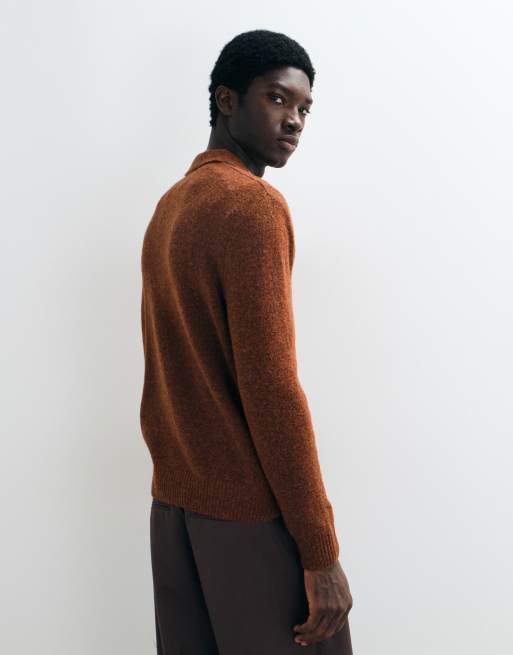 Mango knitted revere collar polo jumper in burnt orange, 5 of 9