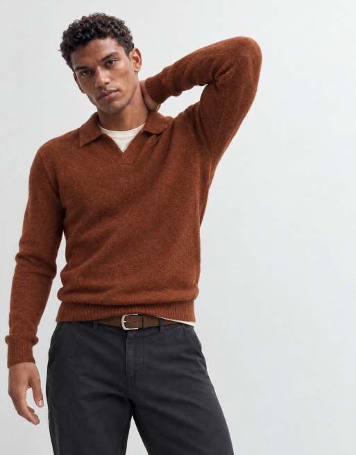 Mango knitted revere collar polo jumper in burnt orange, 6 of 9