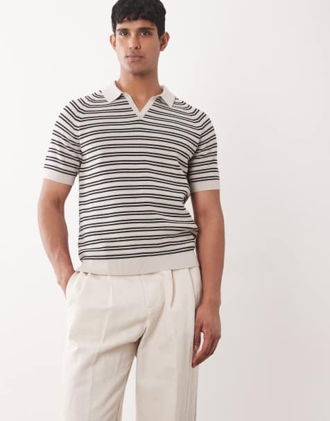 Mango knitted revere collar polo top in cream stripe - view 1