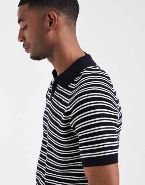 Mango knitted revere collar polo top in navy stripe - view 1