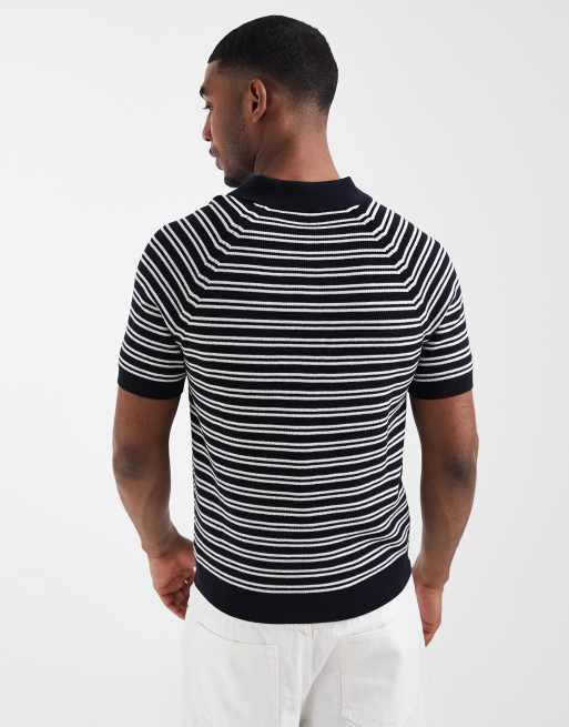 Mango knitted revere collar polo top in navy stripe, 5 of 5