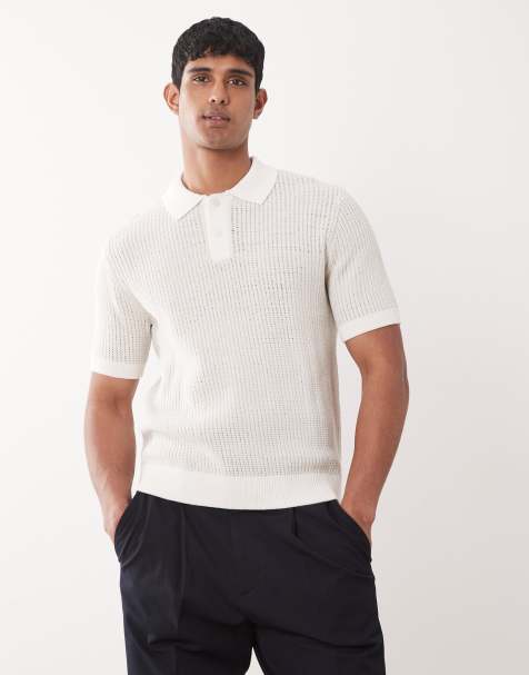 Mango knitted revere collar short sleeve polo shirt in cream - view 1