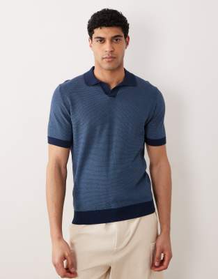 Mango Knitted Revere Collar Short Sleeve Polo Shirt In Blue