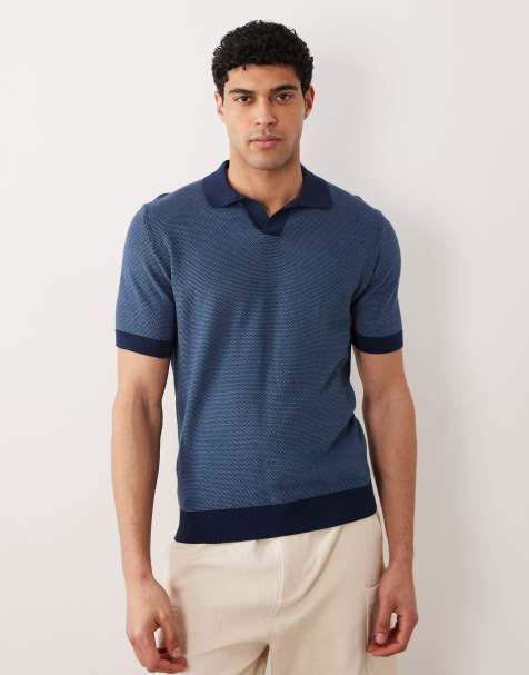 Mango knitted revere collar short sleeve polo shirt in navy