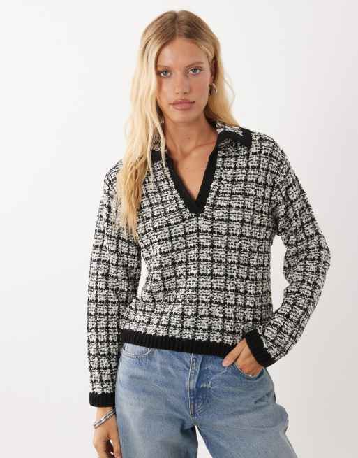 Mango knitted revere collar sweater in black and white, 3 of 4
