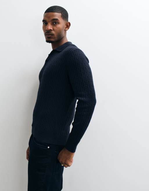 Mango knitted revere collar sweater in navy, 2 of 5