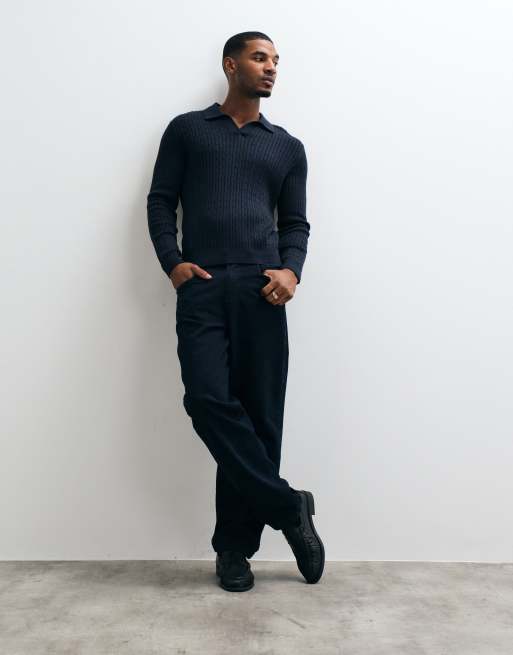 Mango knitted revere collar sweater in navy, 3 of 5