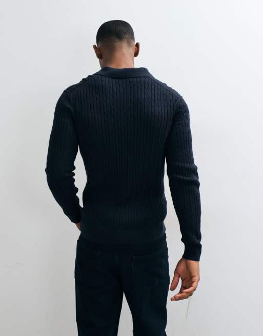 Mango knitted revere collar sweater in navy, 5 of 5