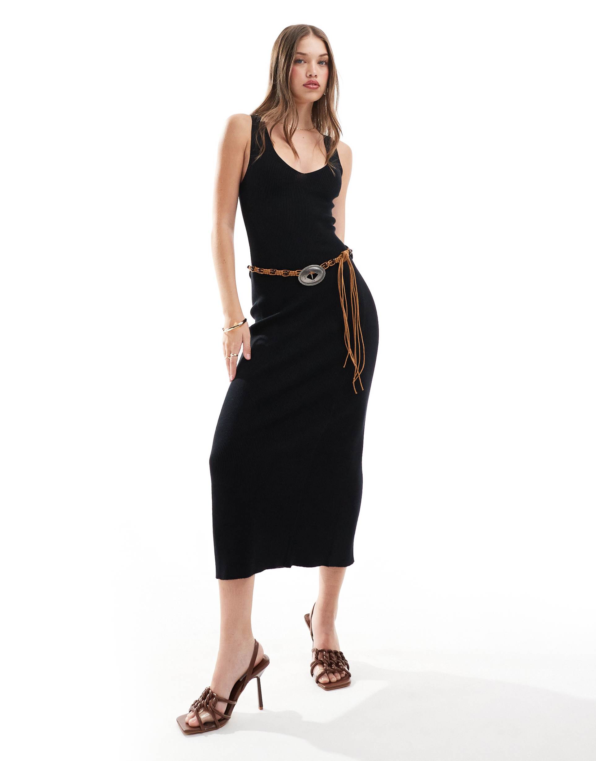 mango knitted ribbed midi dress in black