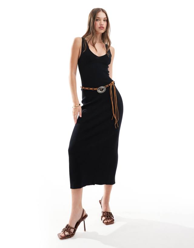 Mango - knitted ribbed midi dress in black