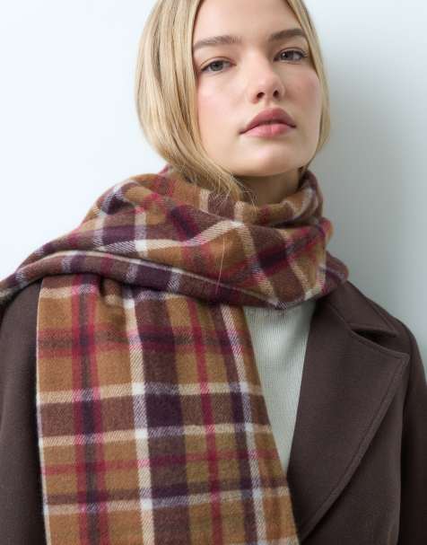 Mango knitted scarf with tassles in brown check print - view 1