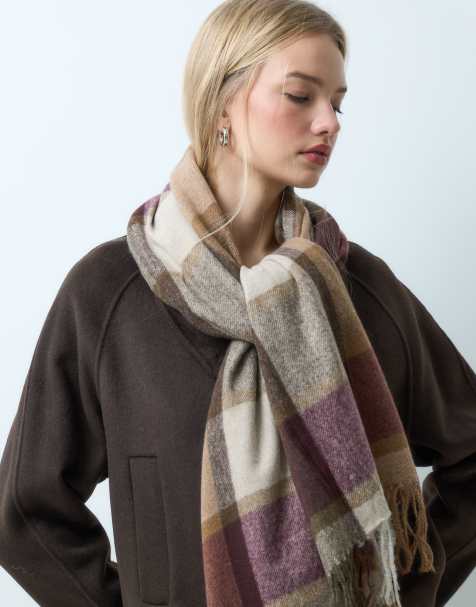 Mango knitted scarf with tassles in burgundy check print - view 1