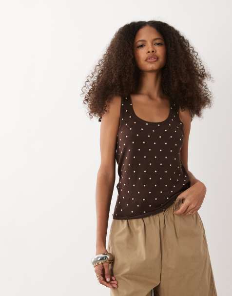 Mango knitted scoop neck vest in brown and cream polka dot - view 1