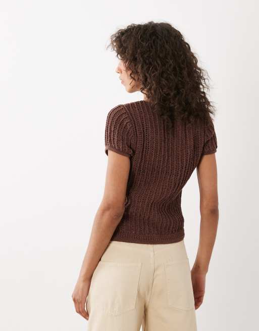 Mango knitted short sleeve cardigan in brown, 4 of 4