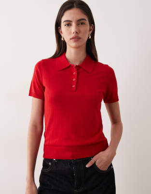 Mango Knitted Short Sleeve Polo In Red