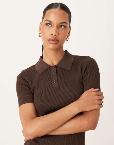 Mango knitted short sleeve polo top in brown - view 1