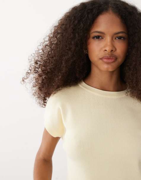 Mango knitted short sleeve top in buttermilk yellow - view 1