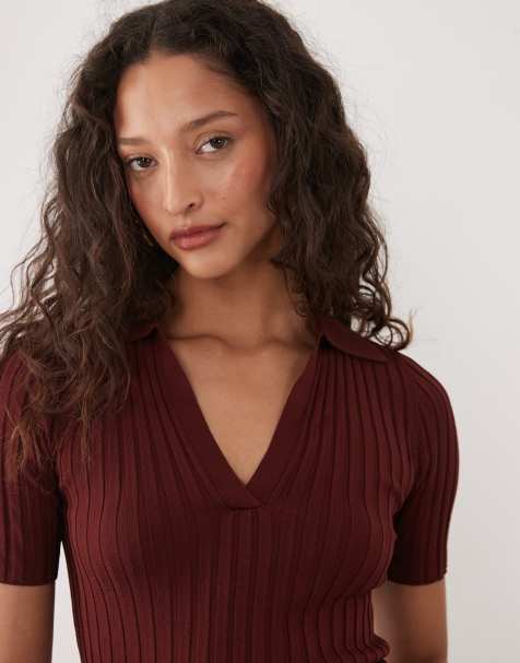 Mango knitted short sleeve v-neck polo in rust - view 1