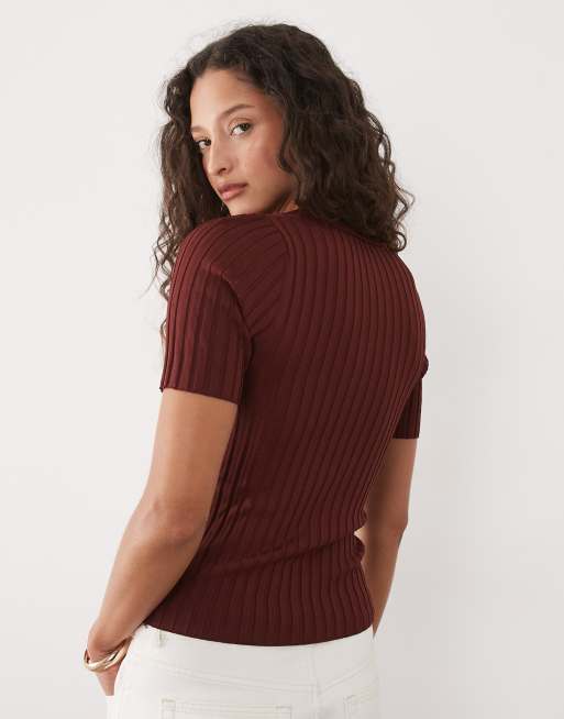 Mango knitted short sleeve v-neck polo in rust, 4 of 4