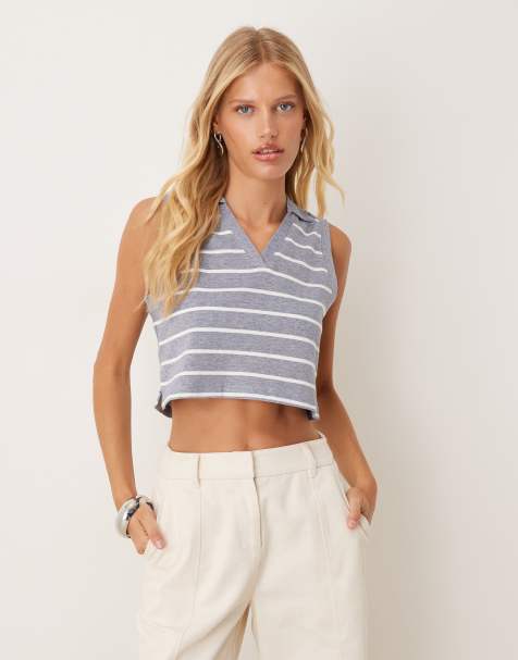 Mango knitted sleeveless collared polo in blue stripe - view 1