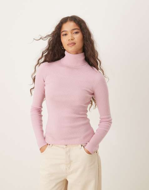 Mango knitted soft touch roll neck jumper in light pink - view 1