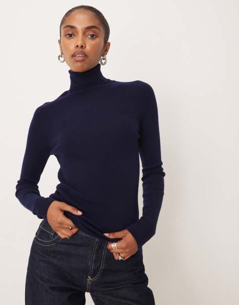 Mango knitted soft touch roll neck jumper in navy - view 1