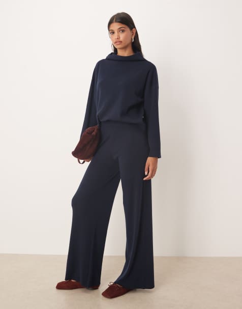 Mango knitted soft touch wide leg co-ord trousers in navy
