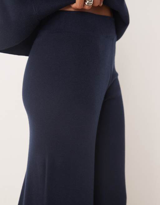 Mango knitted soft touch wide leg co-ord trousers in navy, 2 of 5