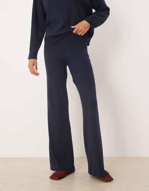 Mango knitted soft touch wide leg co-ord trousers in navy, 4 of 5