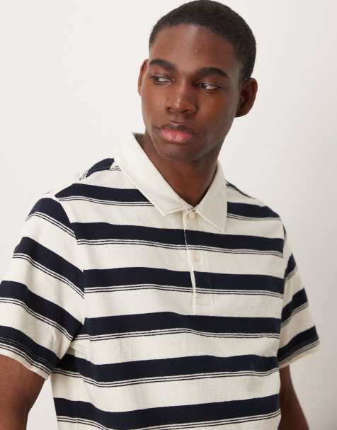 Mango knitted stripe poloshirt in blue and white - view 1
