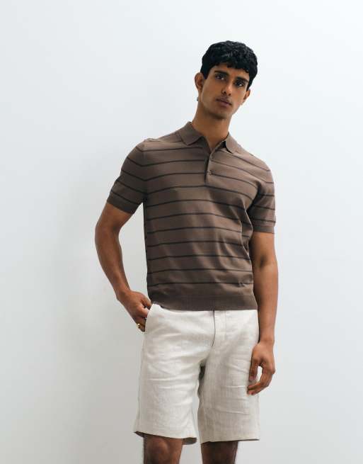 Mango knitted striped polo t-shirt in brown, 3 of 5