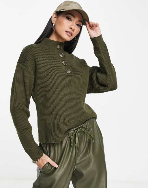 Mango knitted sweater with half button detail in brown