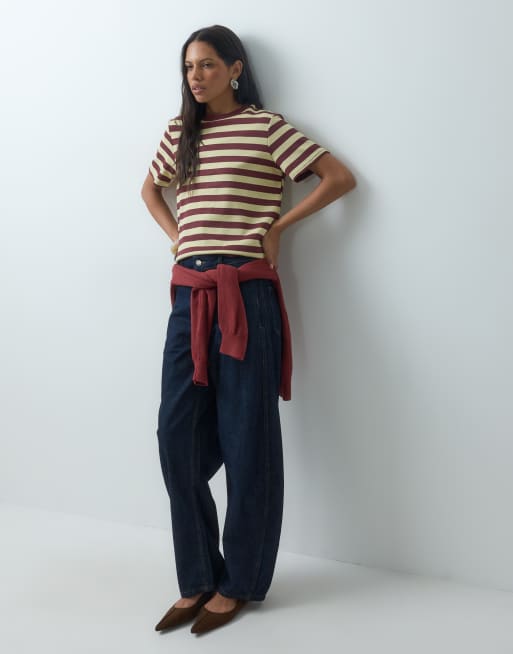 Mango knitted t-shirt in maroon and yellow stripe print, 2 of 4