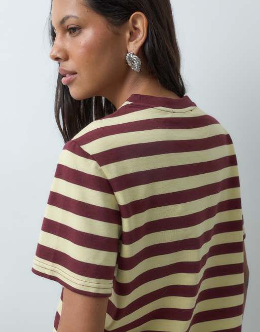 Mango knitted t-shirt in maroon and yellow stripe print, 3 of 4