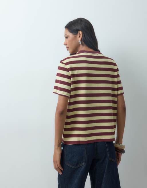 Mango knitted t-shirt in maroon and yellow stripe print, 4 of 4
