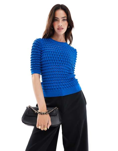 Mango knitted textured t-shirt in blue - view 1