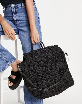 Mango knitted tote bag with strap in black