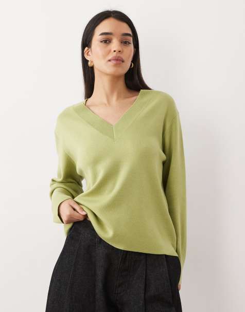 Mango knitted v neck jumper in light green - view 1