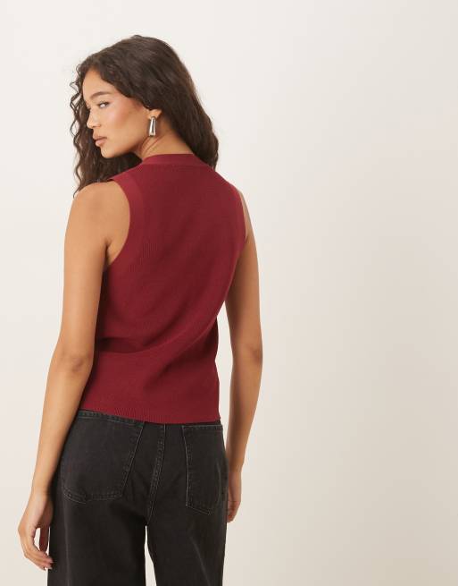 Mango knitted v neck vest in burgundy, 3 of 4