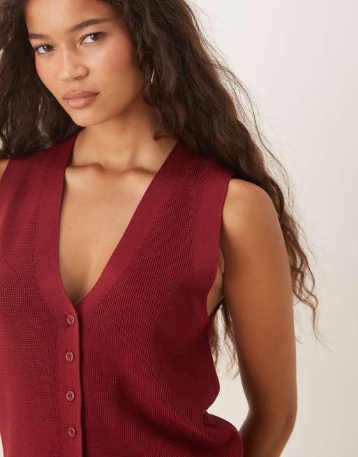 Mango knitted v neck vest in burgundy ASOS