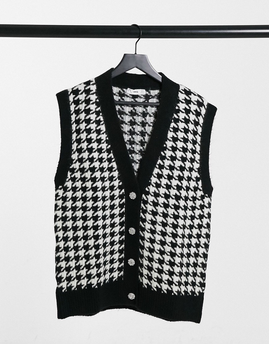 Mango knitted vest with jewel buttons in dogtooth check-Black