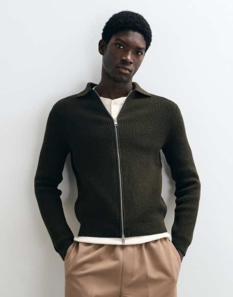 Mango knitted zip through cardigan in khaki - view 1