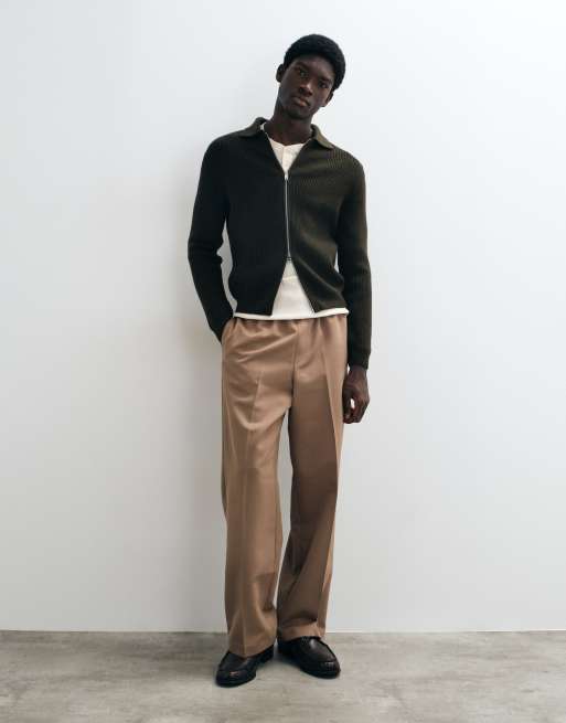 Mango knitted zip through cardigan in khaki, 2 of 5