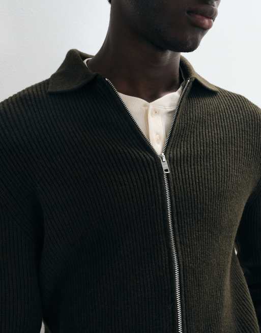 Mango knitted zip through cardigan in khaki, 4 of 5