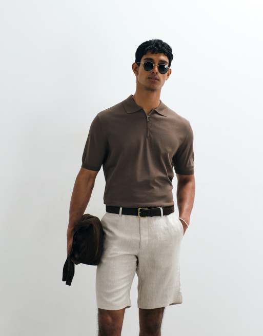 Mango knitted zip through polo top in beige, 4 of 5